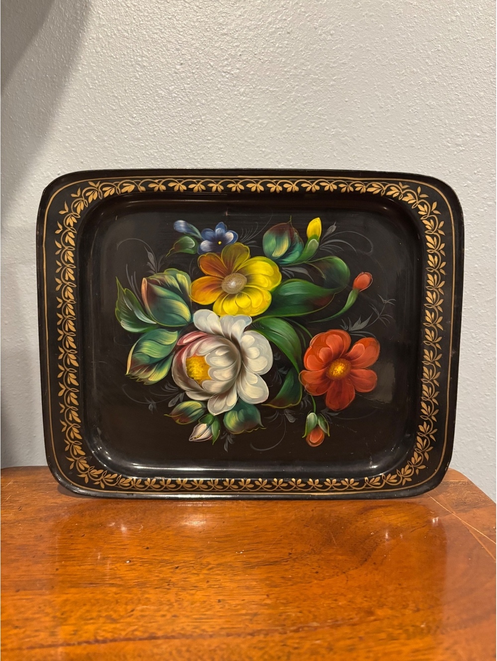 Vintage Hand-Painted Toleware Floral Metal Tray